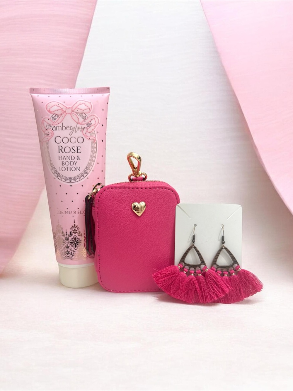 Coco Rose Hand & Body Lotion with Juicy Couture Pink Pouch & Tassel Earrings